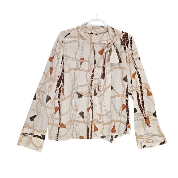 Nine West Women's Long Sleeve Cream Design High Necktie Sheer Blouse Size XL‎ - Picture 1 of 10